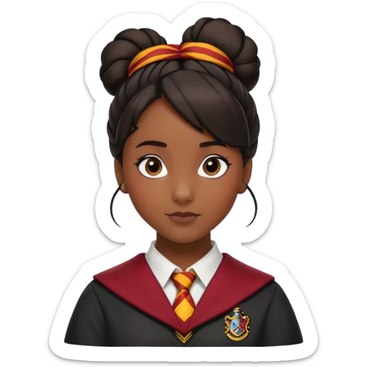 alicia spinnet in harry potter, wear hogwarts gryfindor uniform, black knot bun hair, black skin sticker
