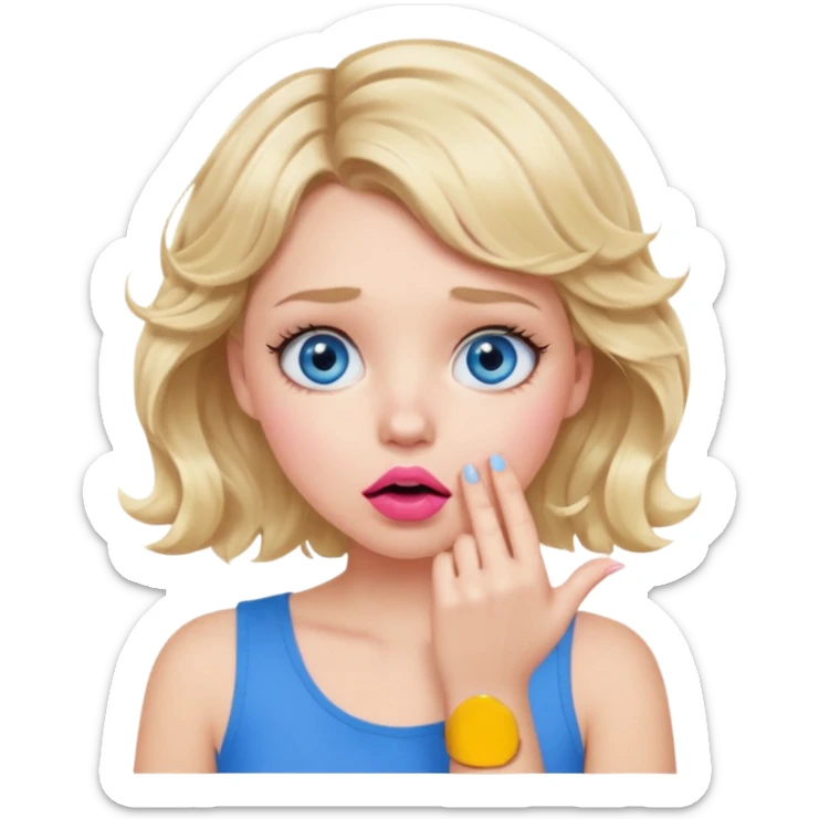 Girl Blonde short wavy hair,  blue eyes, cute blue top, long lashes, pink lips, shocked, hand over the mouth sticker