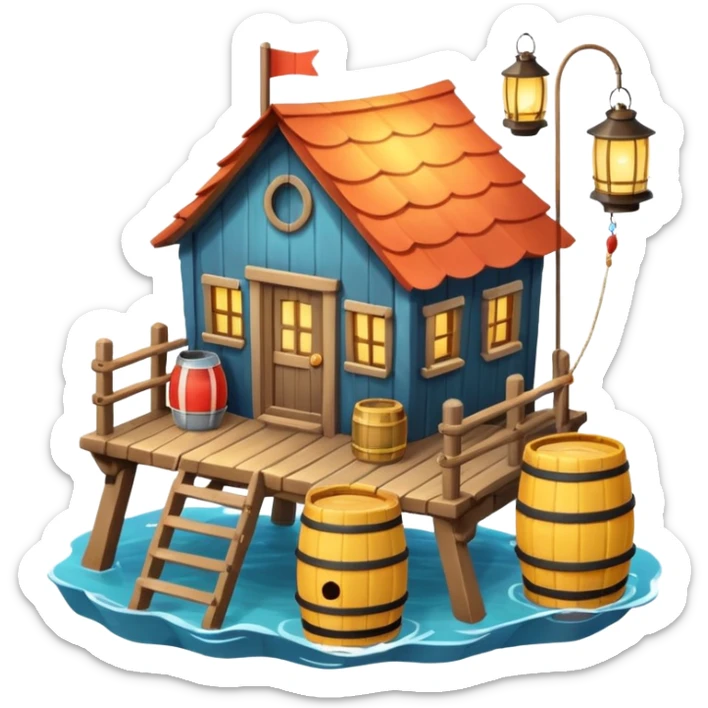 
fisherman house on a wooden pier, small dock, fishing nets hanging, barrels, lantern, ocean vibe, 3D cartoon, cute mobile game icon, clean background, no text
 sticker