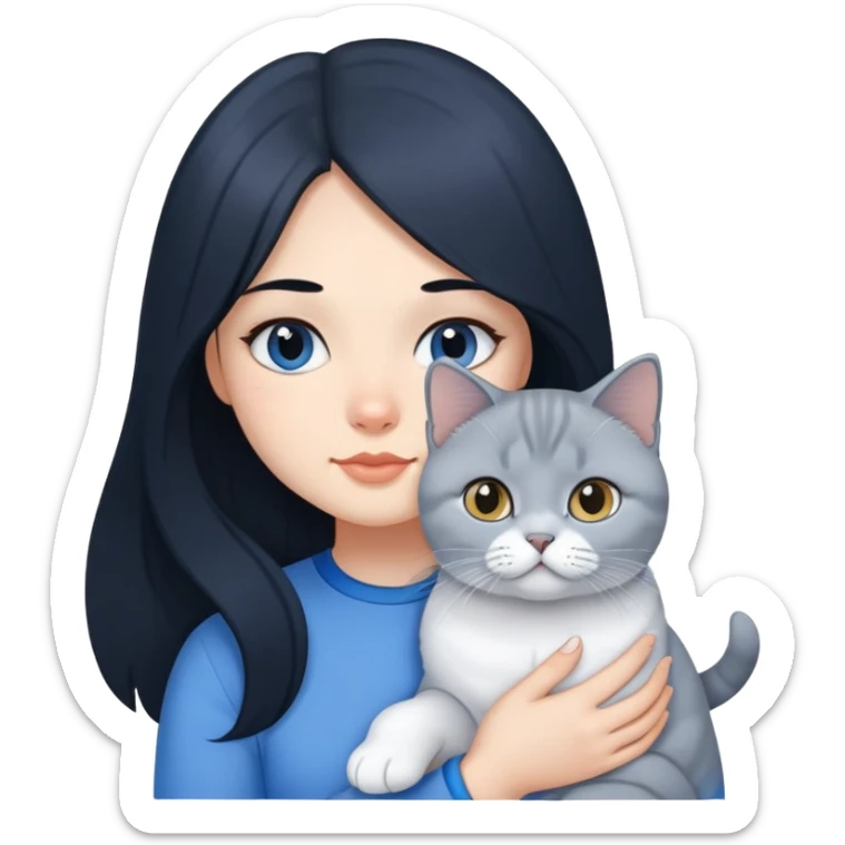 A girl with long black hair is holding a blue and white British shorthair sticker