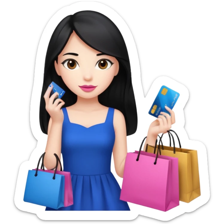 Girl with long black hair, pink lipstick, brown eyes holding shopping bags and blue credit card and wearing a dress  sticker