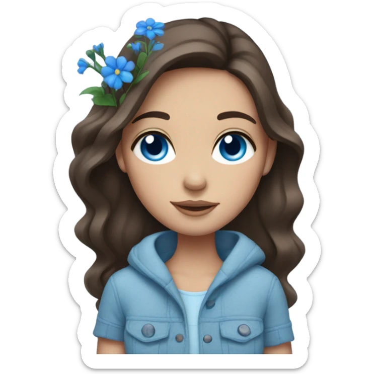 Brunette white Girl with blue eyes and freckles holding blue flowers  sticker