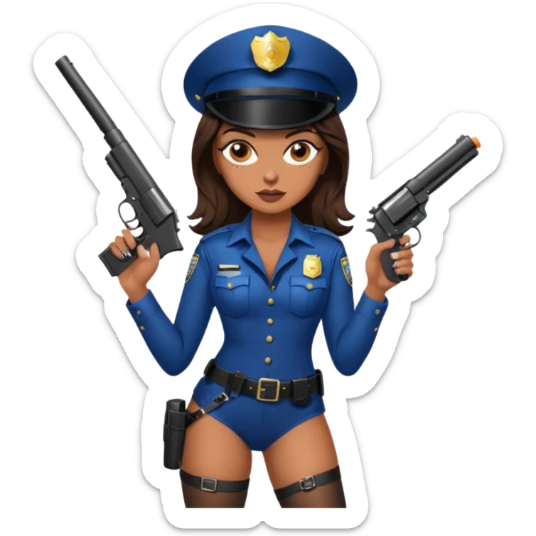 A sexy girl. with caramel skin. Dark brown hair and brown eyes. She has freckles. Wearing sexy makeup. Dressed as a sexy cop. wearing lingerie and heels. Holding a gun sticker
