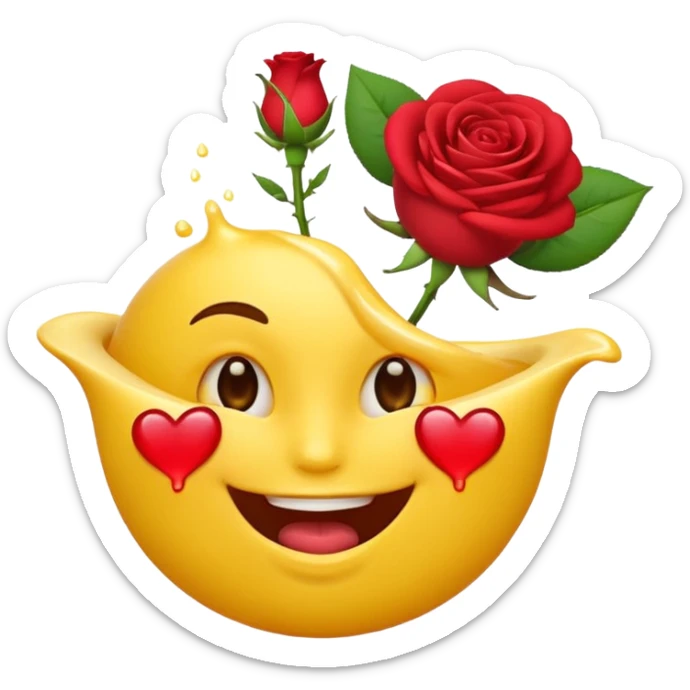 Un emoji jaune normale qui fait un clin d’œil avec une rose dans la bouche sticker