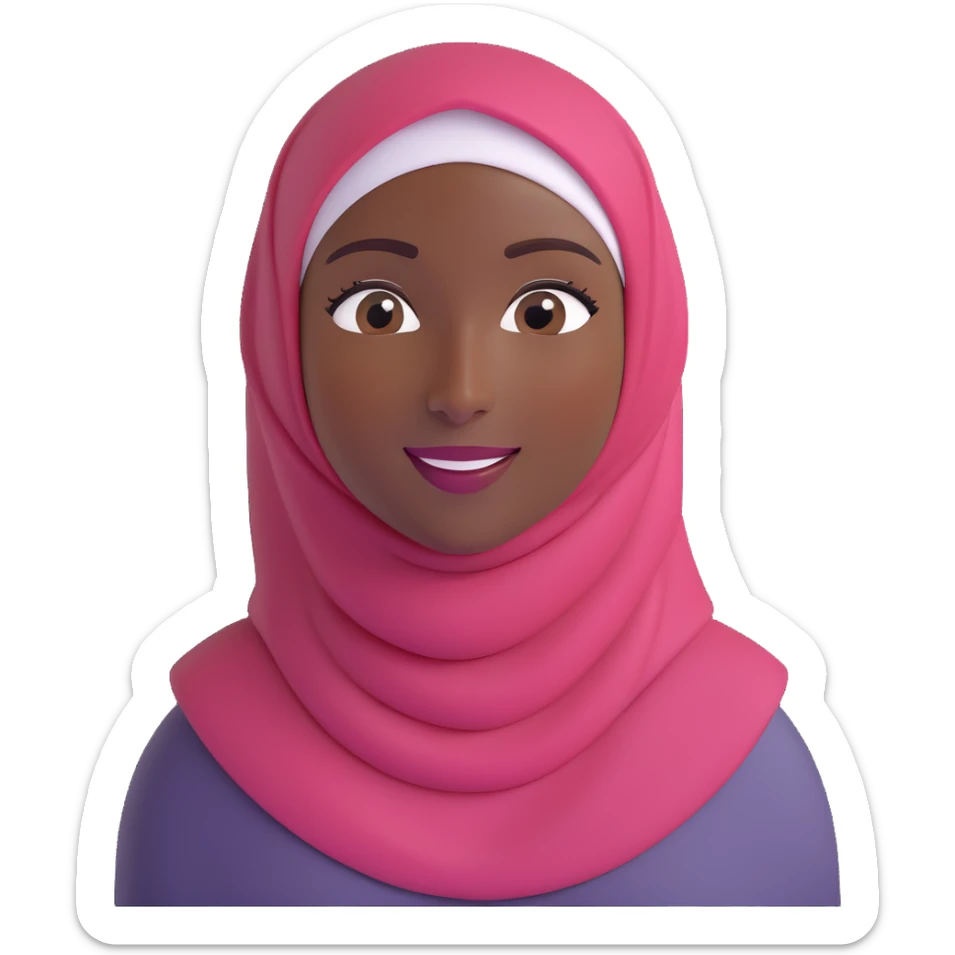memoji style emoji of a woman in a hijab, dark skin tone, happy sticker