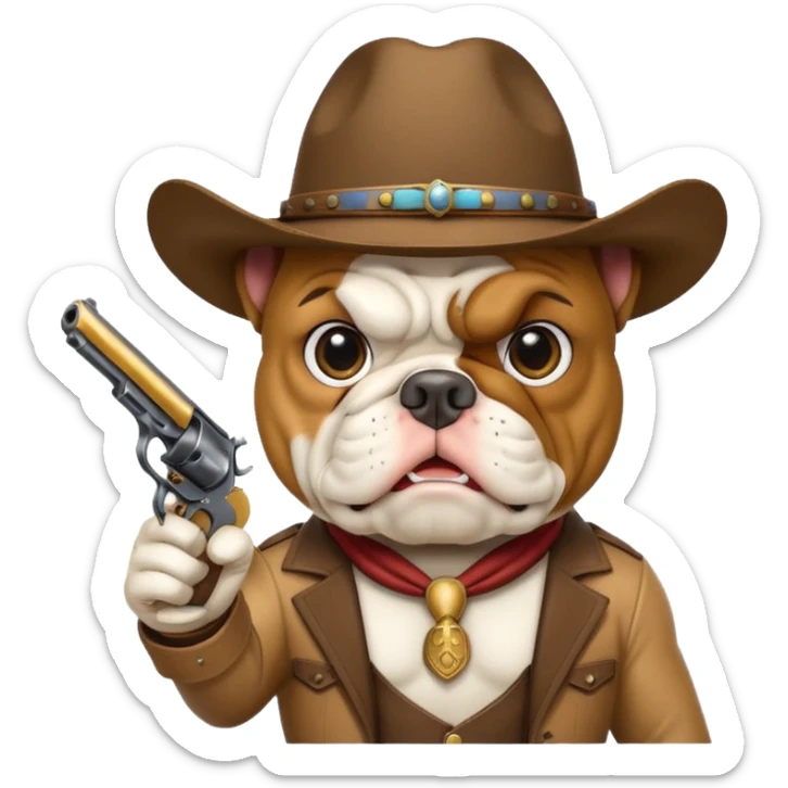 A bulldog wearing a cowboy hat pointing a revolver at you and telling you to hand over your money. sticker