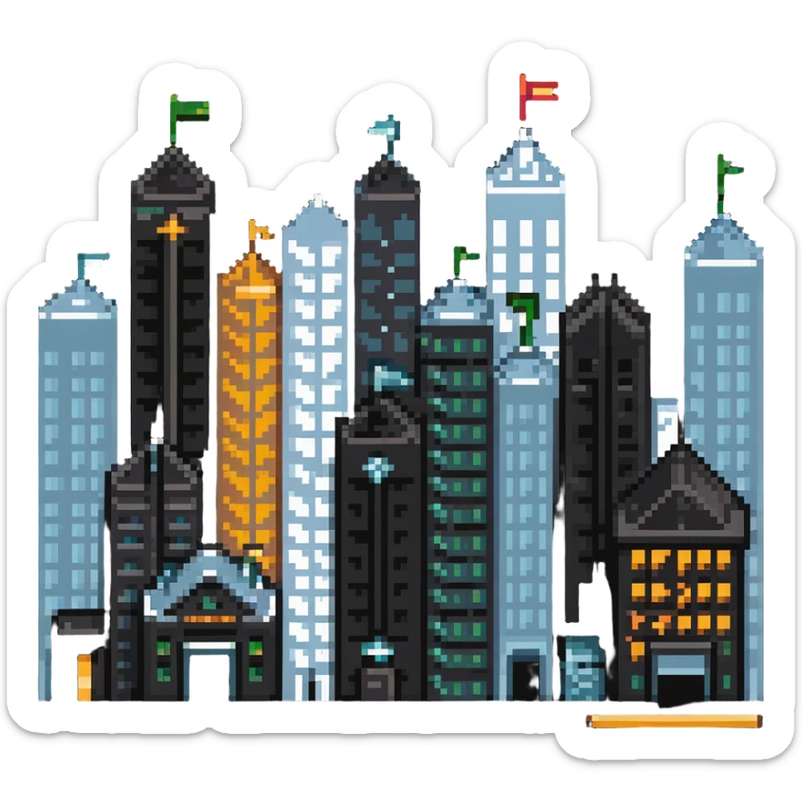 cityscape with economic symbols like upward arrows, coins, and buildings sticker