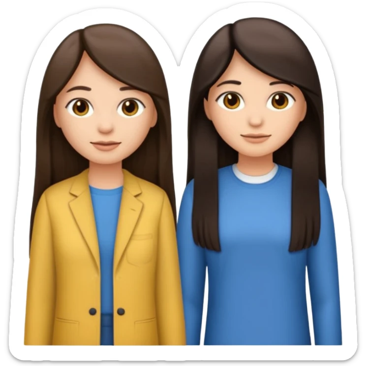 generate me emojis of sisters, one should look older, the other younger. the older one has dark brown hair, long, straight, the younger one is slightly lighter, also straight, long. clothes are any in principle, the main thing is that they more or less look like each other sticker