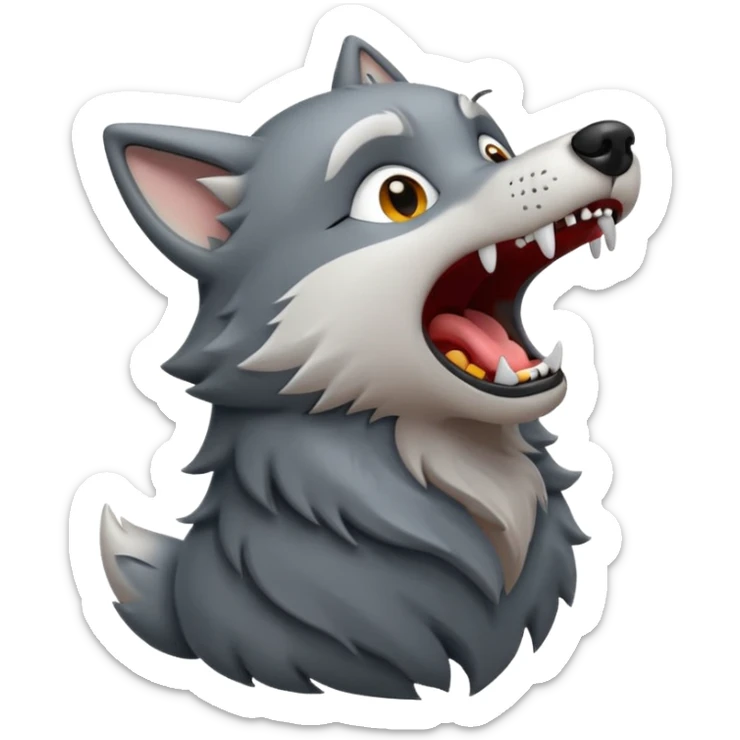 emoji of a wolf howling, head tilted upward with open mouth, small sound lines near the mouth to show the howling action, simple cartoon style sticker