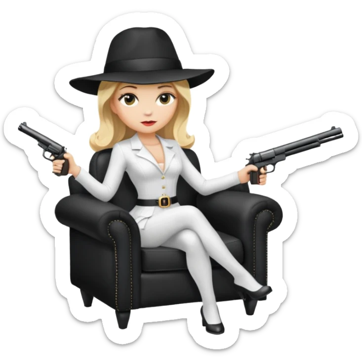 Mafia blondes Evil woman in hat , gun ,black armchair , white costume  sticker