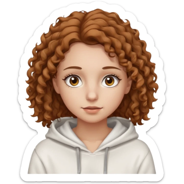 Una ragazza con una felpa semplice bianca,ha gli occhi marroni,i capelli marroni chiaro , c’è gli ha lunghi e ricci ma non troppo e ha le ciglia sticker
