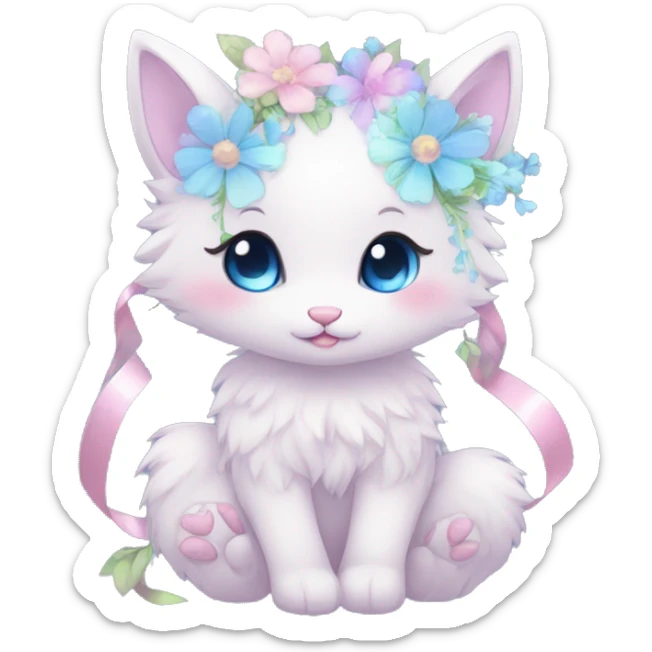 Anthro Cute Cool Blushing Pastel Innocent Shy Kawaii gorgeous sparkly ethereal fantasy animal creature with blue eyes furry sona with flowers and ribbons beautiful aesthetic sticker