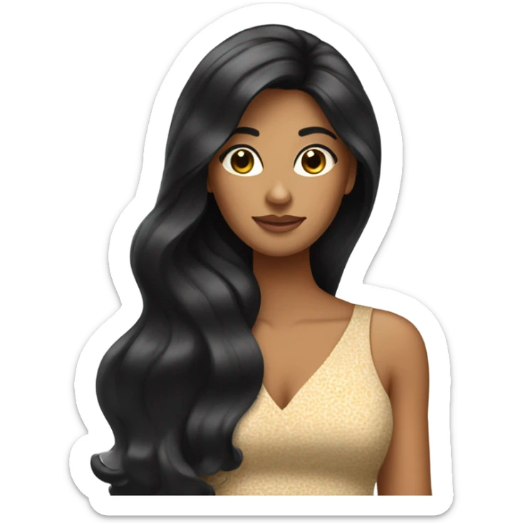 Tanned woman with long black hair wearing 1970s style dress and hair sticker