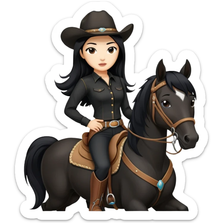 confident Asian woman with long black hair wearing black outfit riding a horse cowgirl style sticker