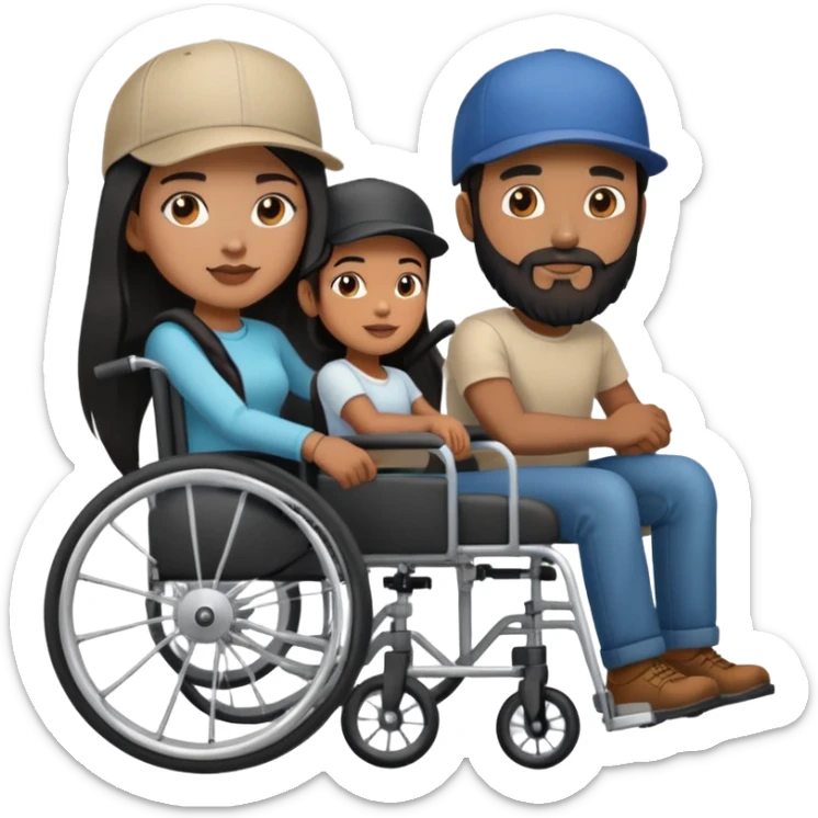 Beige skin man with a beard and cap in a wheelchair and a brown skin woman with long black hair in a wheelchair  sticker