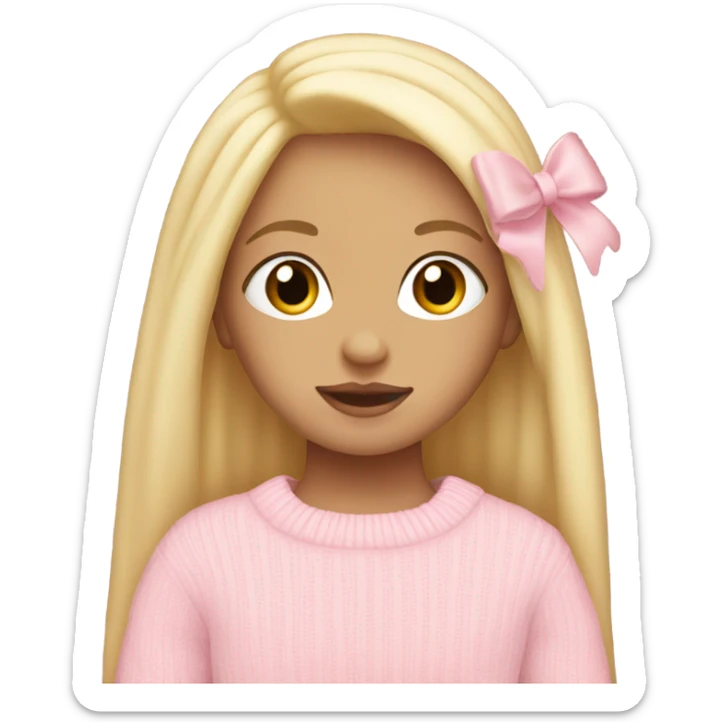 girl with long lashes wearing a light pink bow on the side of head with long straight blonde hair and baby pink sweater  sticker