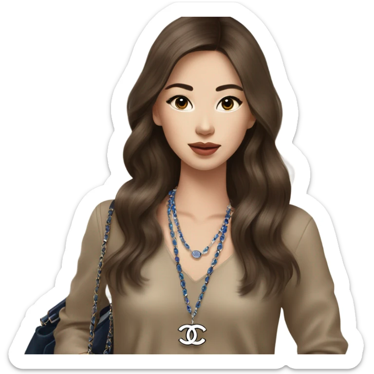 Realistic brown hair blue eyes Chanel Asian Girl with Birkin bag and Chanel necklace sticker