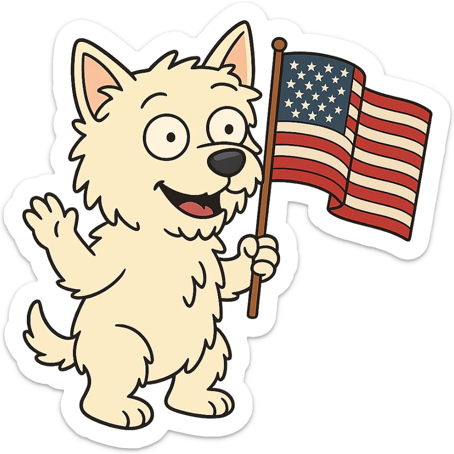 West Highland White Terrier holding and waving an American flag, flat toon cartoon style sticker