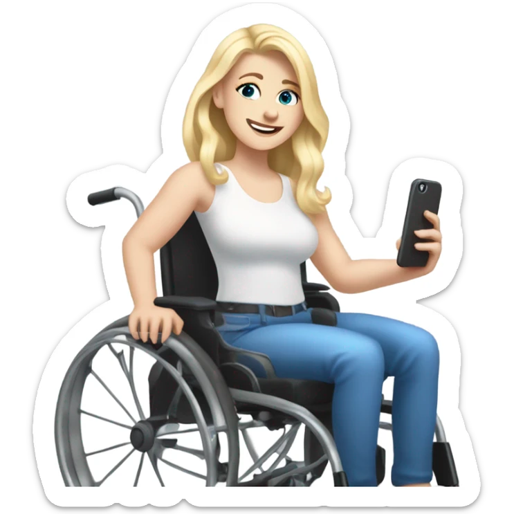 Screaming white girl with blonde hair and blue eyes in wheel chair taking selfies with iPhone sticker