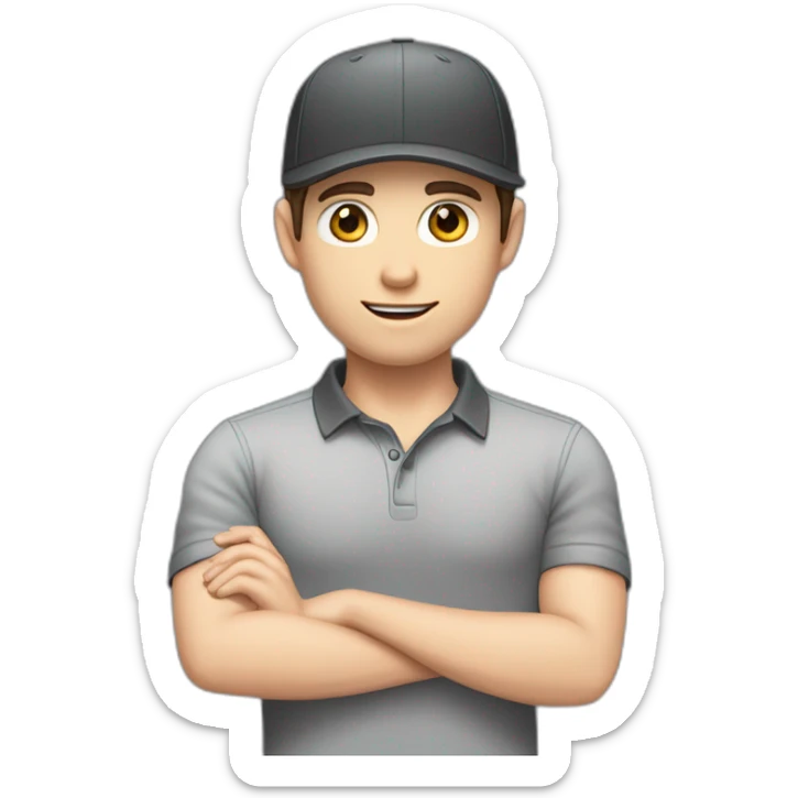 Pale skinned fit Man with dark brown hair in a black cap, gray jeans and dark gray polo T-shirt keeping a pasted with tape white box into his hands sticker