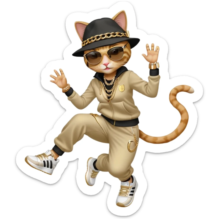 female cat jumping, Run DMC hip-hop outfit, tracksuit, fedora, Adidas sneakers, dark sunglasses, many gold chains, bling accessories rings bracelets earrings sticker