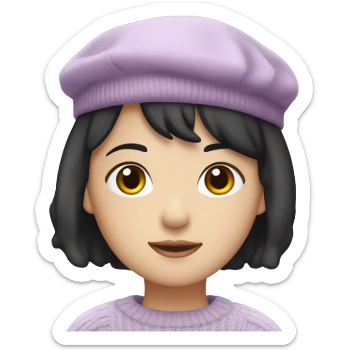 korean girl short black hair sharp jawline, attractive wearing a lilac sweater and beret sticker