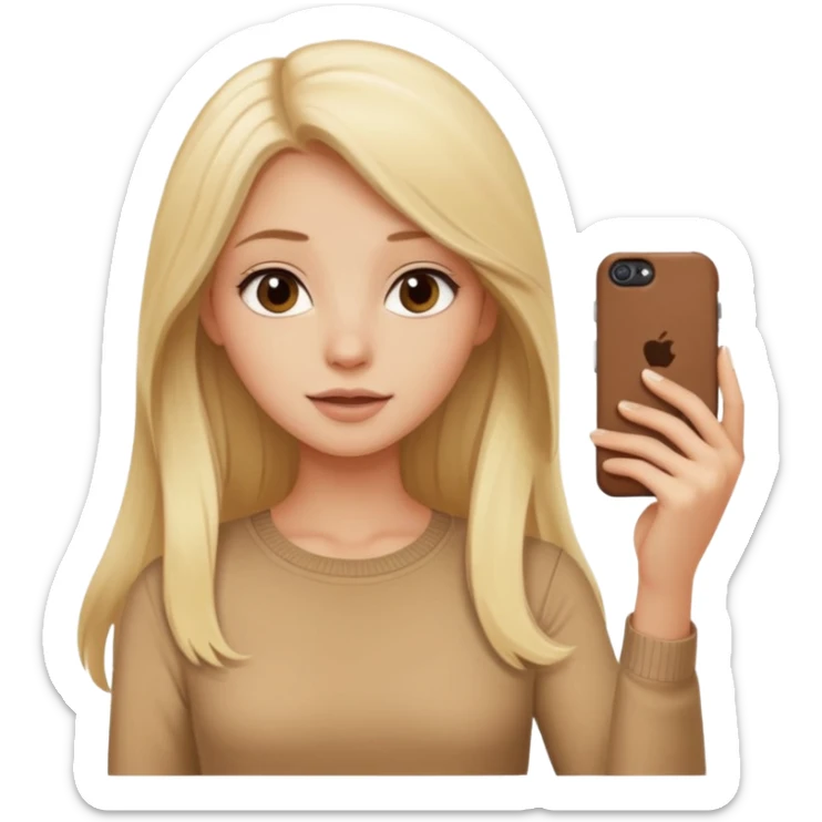  beautiful pale blonde girl with long hair taking selfie on brown case iPhone in beige top sticker