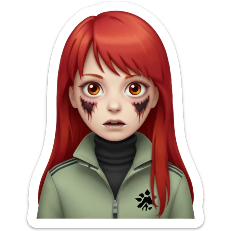Crie um emoji de uma menina zumbi  com o cabelo vermelho longo com uma franja reta casaco de gola alta da adidas sticker