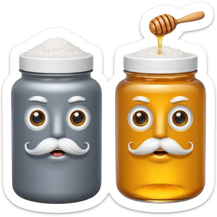 Garama and Madundung are together a gray container of salt and a honey container with a cloth on top. They each have eyes with white in the middle, a mouth, nose, and mustache both customary to their colors. They have hairy legs and emit an aura of salt (Garama), and honey (Madundung). sticker