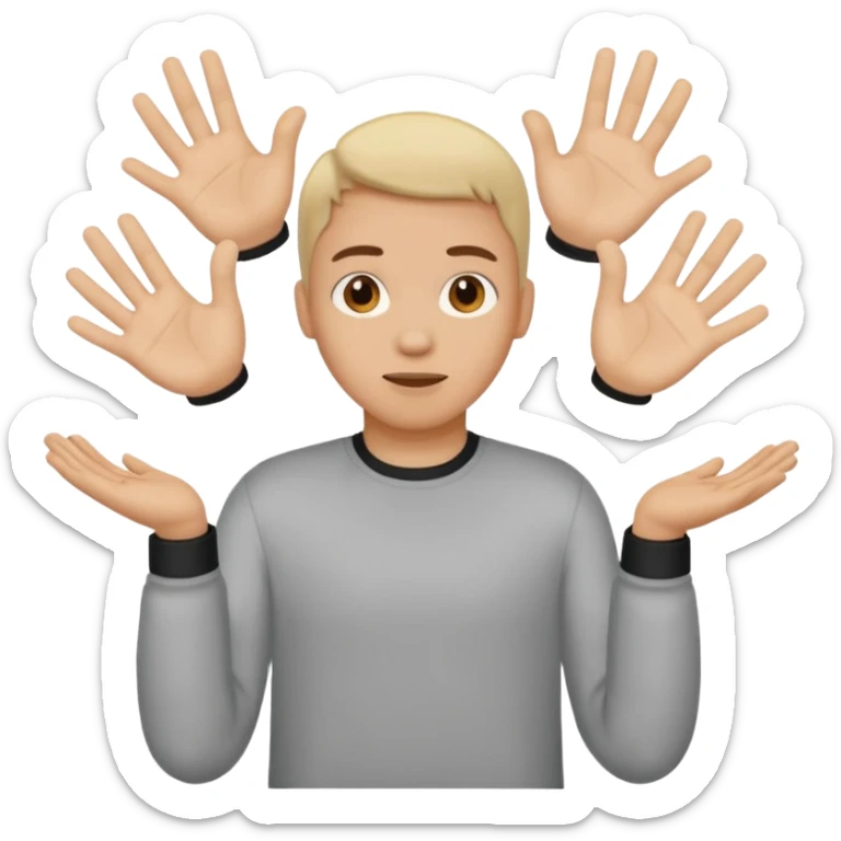 A person with their hand out like shrugging out and one hand holds a 6 one hand holds a 7 sticker