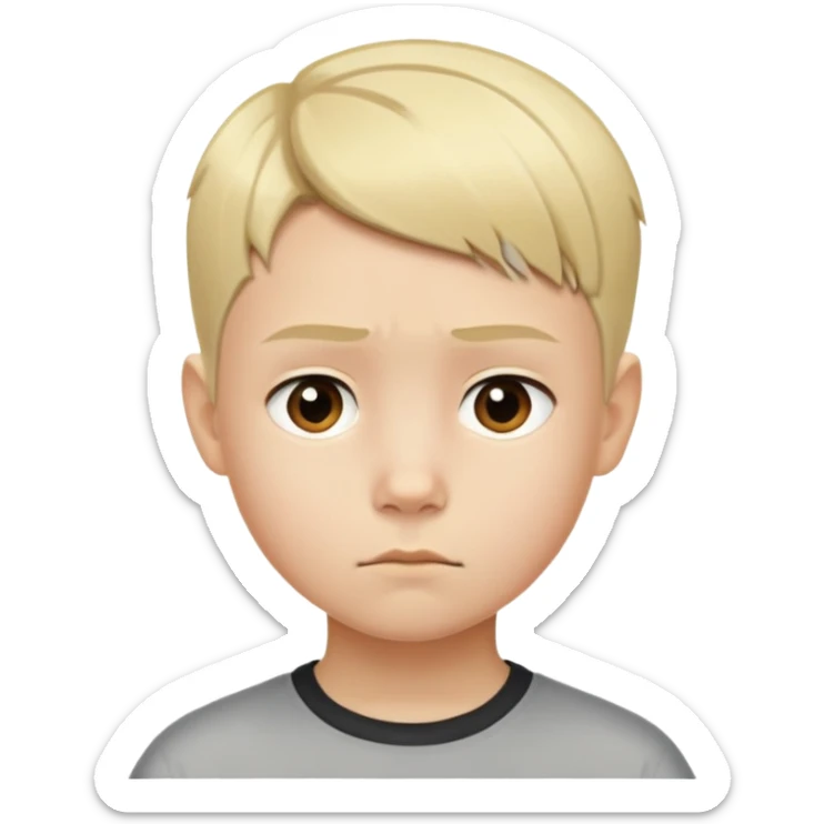 "- Nam
- 10 tuổi
- Da trắng
- Tóc ngắn, vàng, vuốt undercut gọn gàng
- mặt nghiêm túc
" sticker
