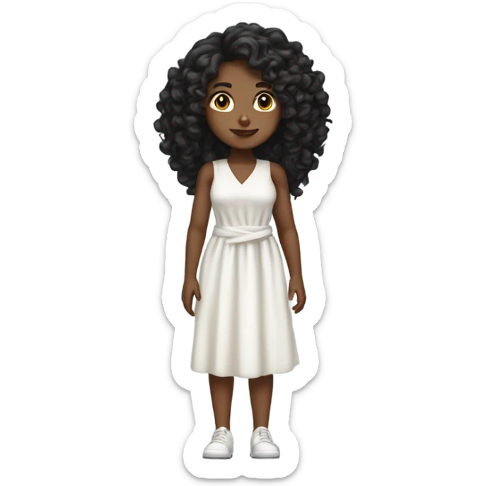 Tan girl with black long curly hair and white tied dress full body sticker