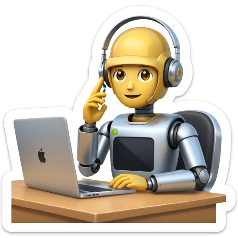 flat apple-style emoji of a recruiter robot at a desk, headset on, typing on a laptop, cute sticker
