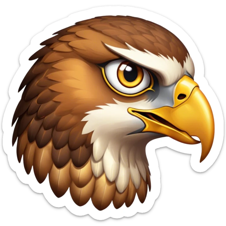 Cinematic Noble Hawk Portrait Emoji, Poised and regal, with a sturdy, agile build, a sharp, hooked beak, and intense, focused eyes that exude predatory precision, Simplified yet sharp and sophisticated features, highly detailed, glowing with a soft, golden glow, high shine, intelligent and vigilant, stylized with an air of aerial mastery, focused and determined, soft glowing outline, capturing the essence of a watchful and confident hawk that appears ready to soar out of the screen with effortless authority! sticker