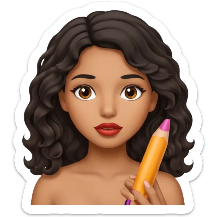 Latina girl with lip liner on her lips and black wavy hair holding a dick sticker
