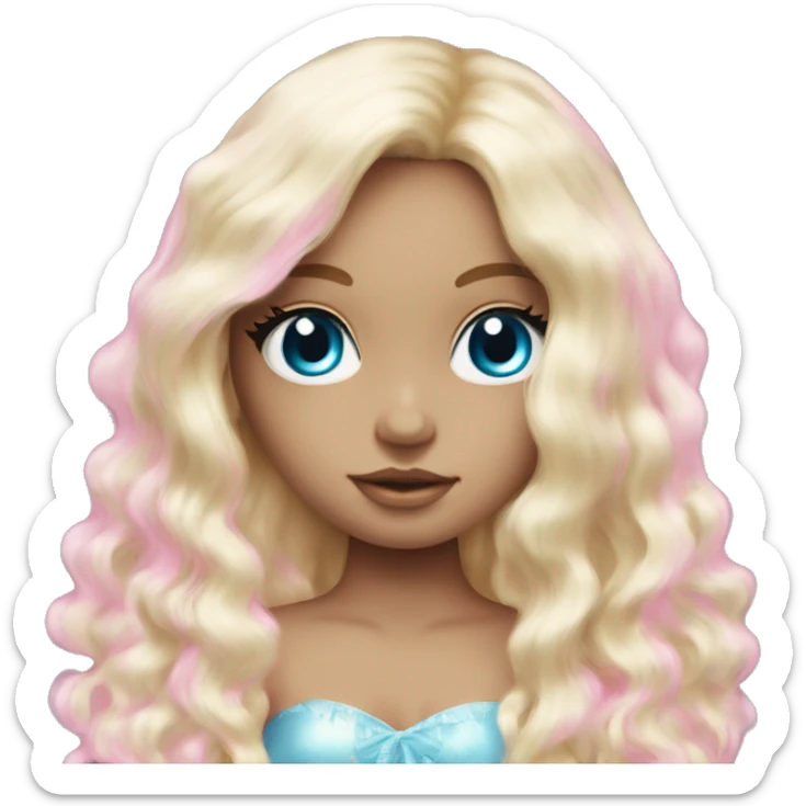 ocean blue doll eyes, blonde glowing silky long hair, girl, feminine, fragile, pink, angelic, in love sticker
