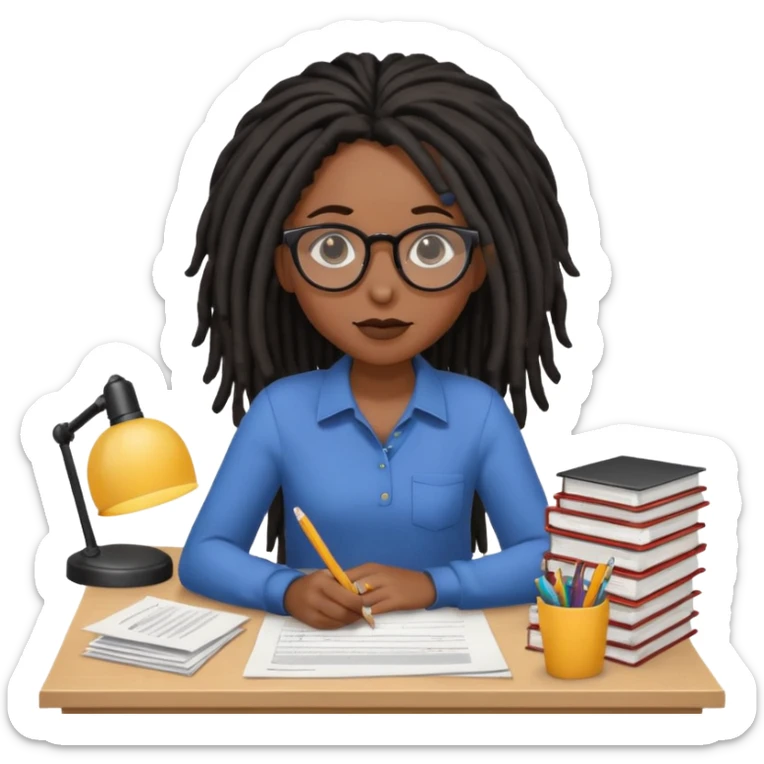 Black female with dark dreadlock hair and large round glasses with a desk full of papers sticker