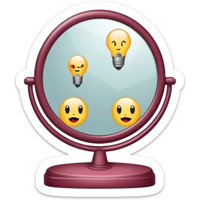 Minimalist emoji-style sticker of a vanity mirror with dim bulbs and cracked glass, words “Am I real yet?” smeared in dusty lipstick tone


 sticker