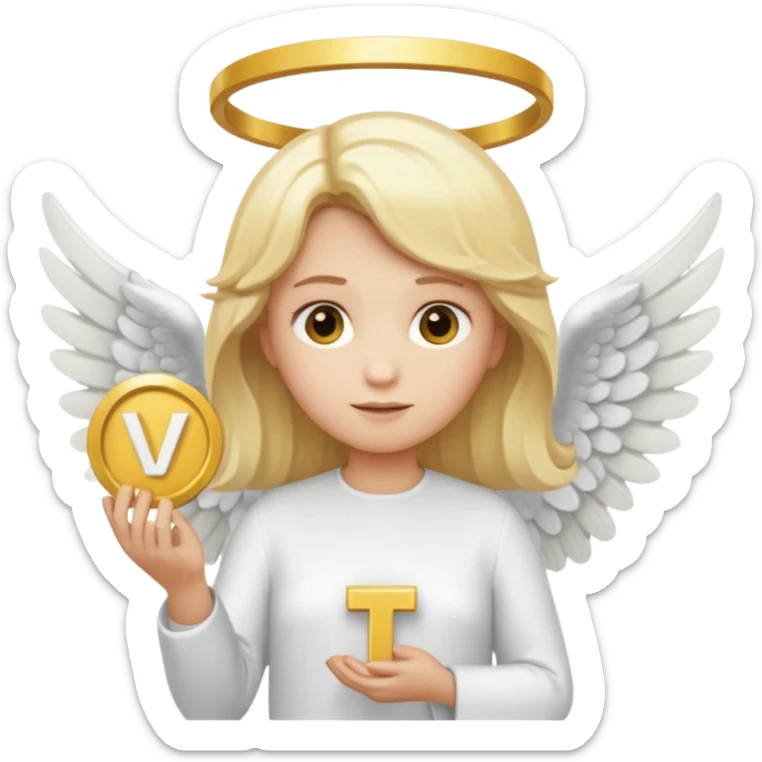 "An angel emoji with blonde hair, a halo, wings, holding a 'COMPARTILHAR' sign in bold letters." sticker