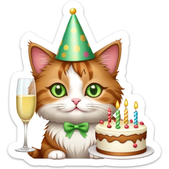 tricolor fluffy cat with big green eyes celebrating her birthday with a cake and champagne sticker