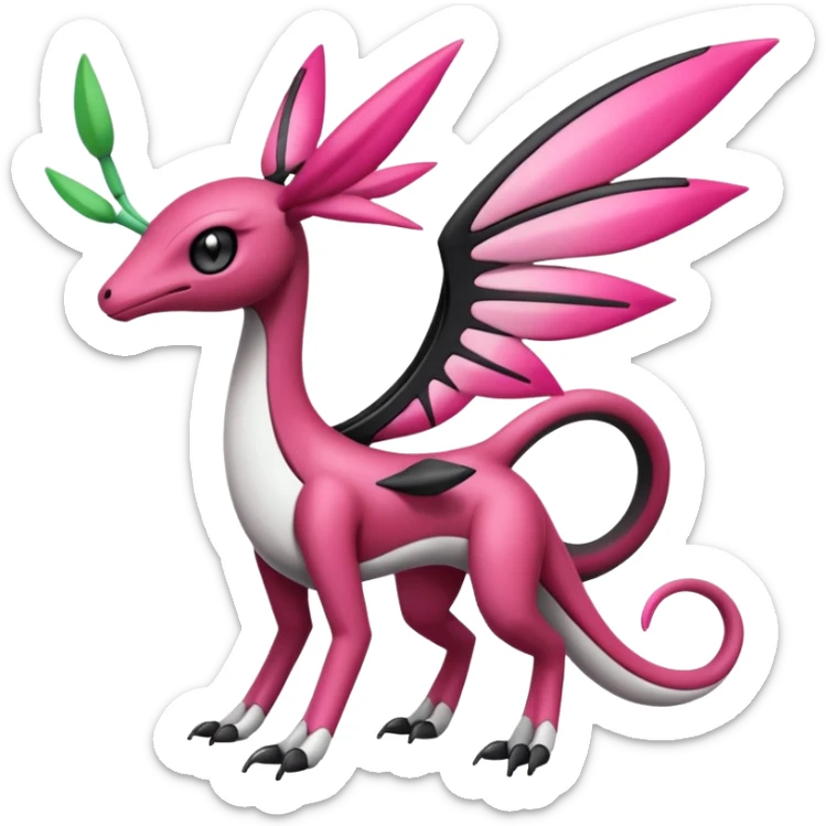 Magenta, black and white Meloetta-Flygon-Gorebyss-Salazzle-Pokémon-Fakémon-creature-fusion-hybrid sticker