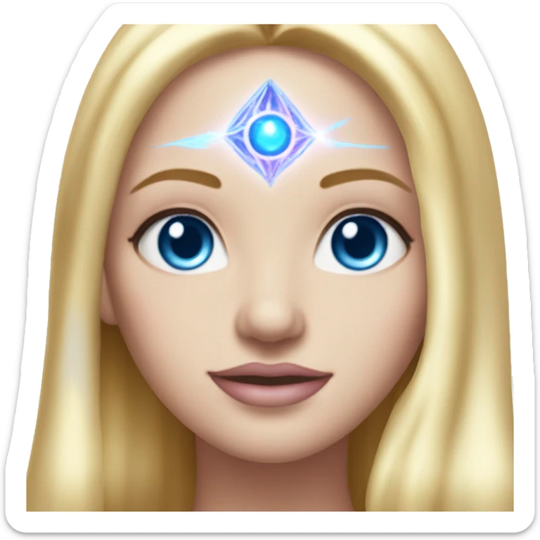 magical diva with thin pink andromedan face long blonde hair and blue eyes glowing third eye sticker