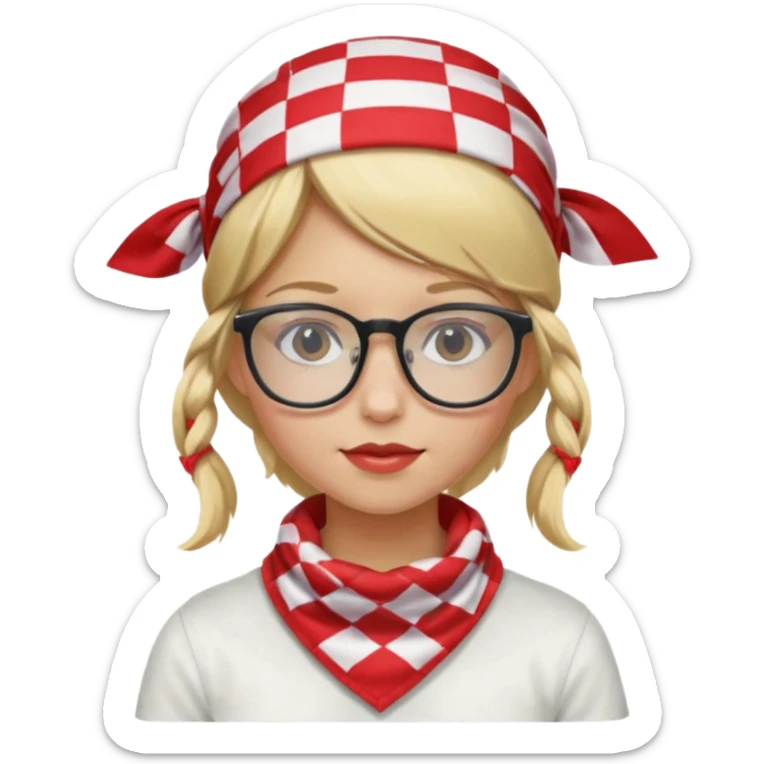 girl blonde hair, wear red and white checkered bandana, glasses sticker