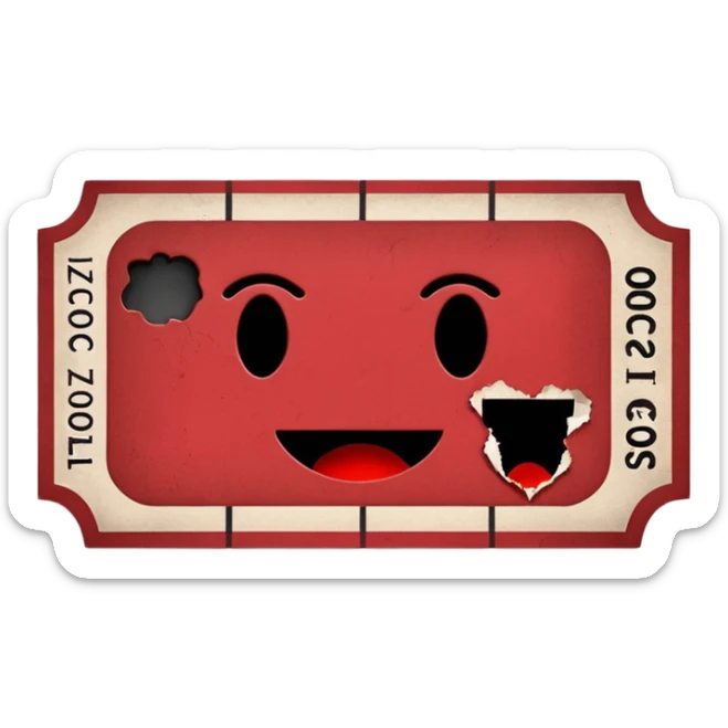 Minimalist emoji-style sticker of an old torn cinema ticket, blood-stained edges and burn holes, grayscale paper

 sticker