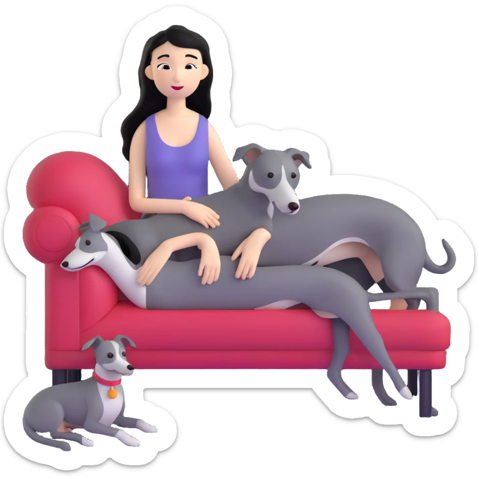Very thin Chinese woman with long black hair relaxing in a luxurious hotel suite with exactly ONE whippet dog. EXTREME IMPORTANCE: the whippet must be ONE SOLID MEDIUM GREY COLOR (not too dark, not too light) from nose to tail with ABSOLUTELY NO WHITE MARKINGS anywhere - NO white on face, NO white on muzzle, NO white on chest, NO white on paws, NO white on tail - NOTHING BUT A SINGLE SHADE OF MEDIUM GREY throughout the entire animal sticker