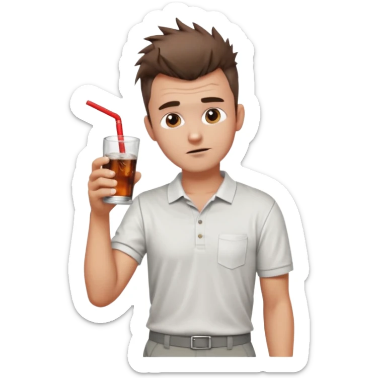 Handsome male.short messy brown hair.mowhawk hairstyle. wearing white golf shirt.grey shorts. Drinking brandy and coke . Drunk. No straw sticker
