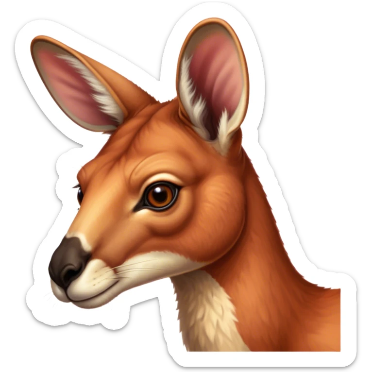 Cinematic Noble Adult Red Kangaroo Portrait Emoji, Poised and regal, with a robust, muscular build, tawny reddish fur, and a distinctive red kangaroo-shaped head featuring a slightly elongated snout, prominent ears, and keen, observant eyes, Simplified yet sharp and sophisticated features, highly detailed, glowing with a warm, sunlit glow, high shine, intelligent and commanding, stylized with an air of outback authority, focused and vigilant, soft glowing outline, capturing the essence of a watchful guardian that seems ready to bound out of the screen with effortless power! sticker