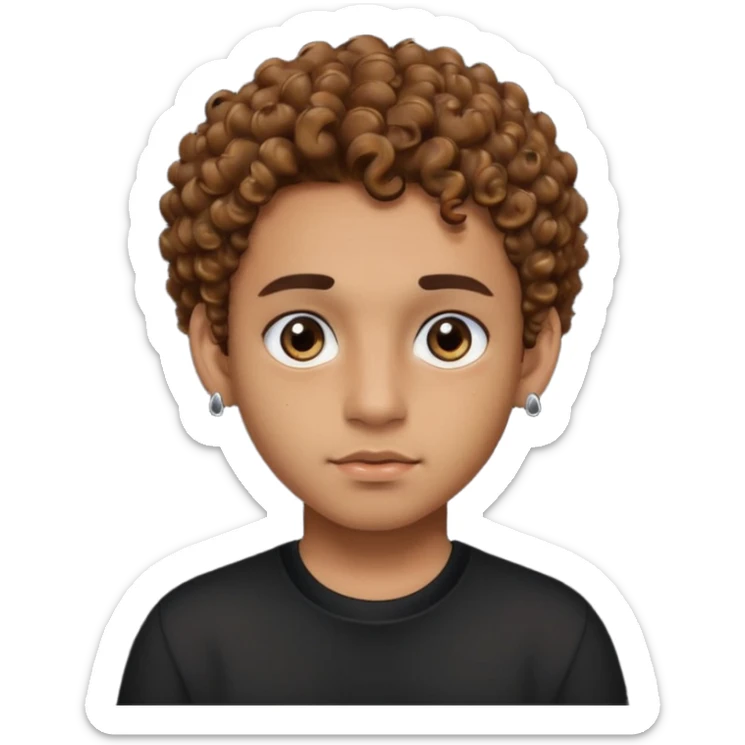 caramel skin boy with color bear brown curly hair with fade on the sides and thick eyebrows with a black shirt and small stud earrings with black colored eyes and a cheek mole sticker
