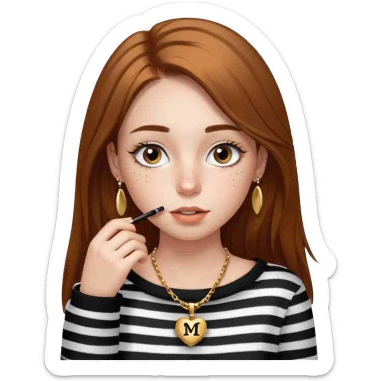 Chica guapa con pecas debajo del labio, pestañas largas con rímel, cejas finas y peludas, pelo marrón medio largo, piercing en la nariz, collar dorado con una "M" y jersey negro de rayas blancas con un hombro descubierto. sticker