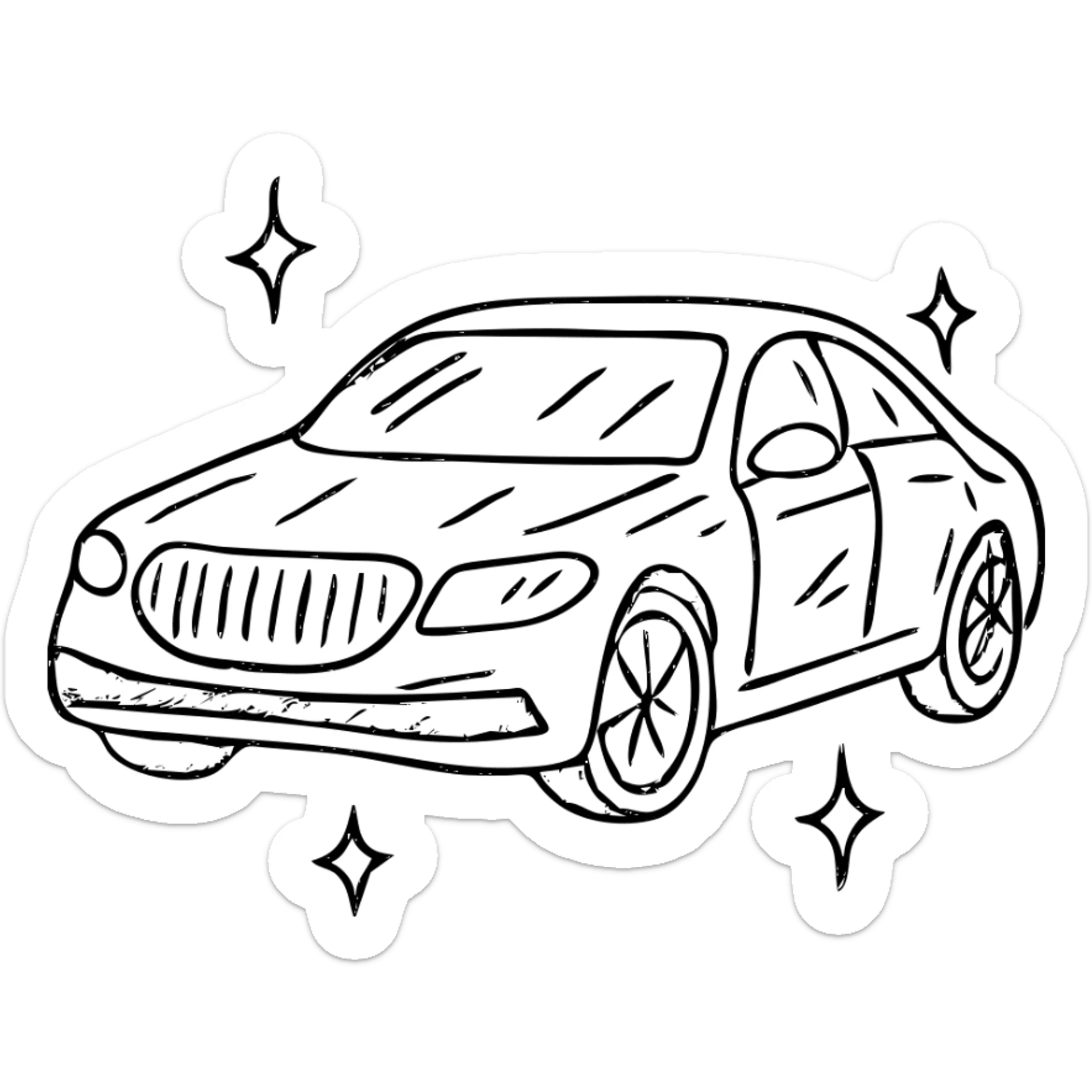hand-drawn outlined icon of a luxury car, glossy black with multiple small stars and strong reflections, impeccable perfectly clean finish, clean and modern sticker